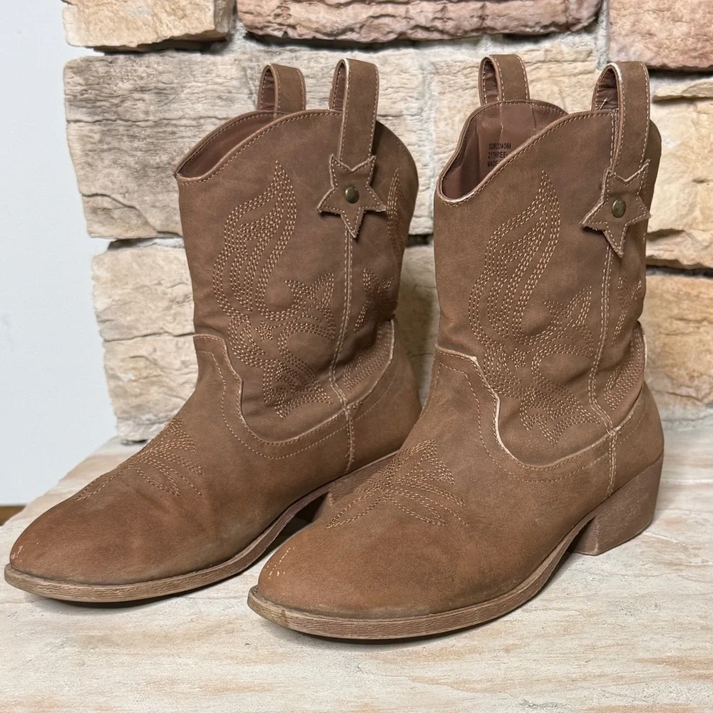 DREAM‎ PAIRS KIDS Embroidered Brown Slip-On Cowgirl Ankle Boots Size 5